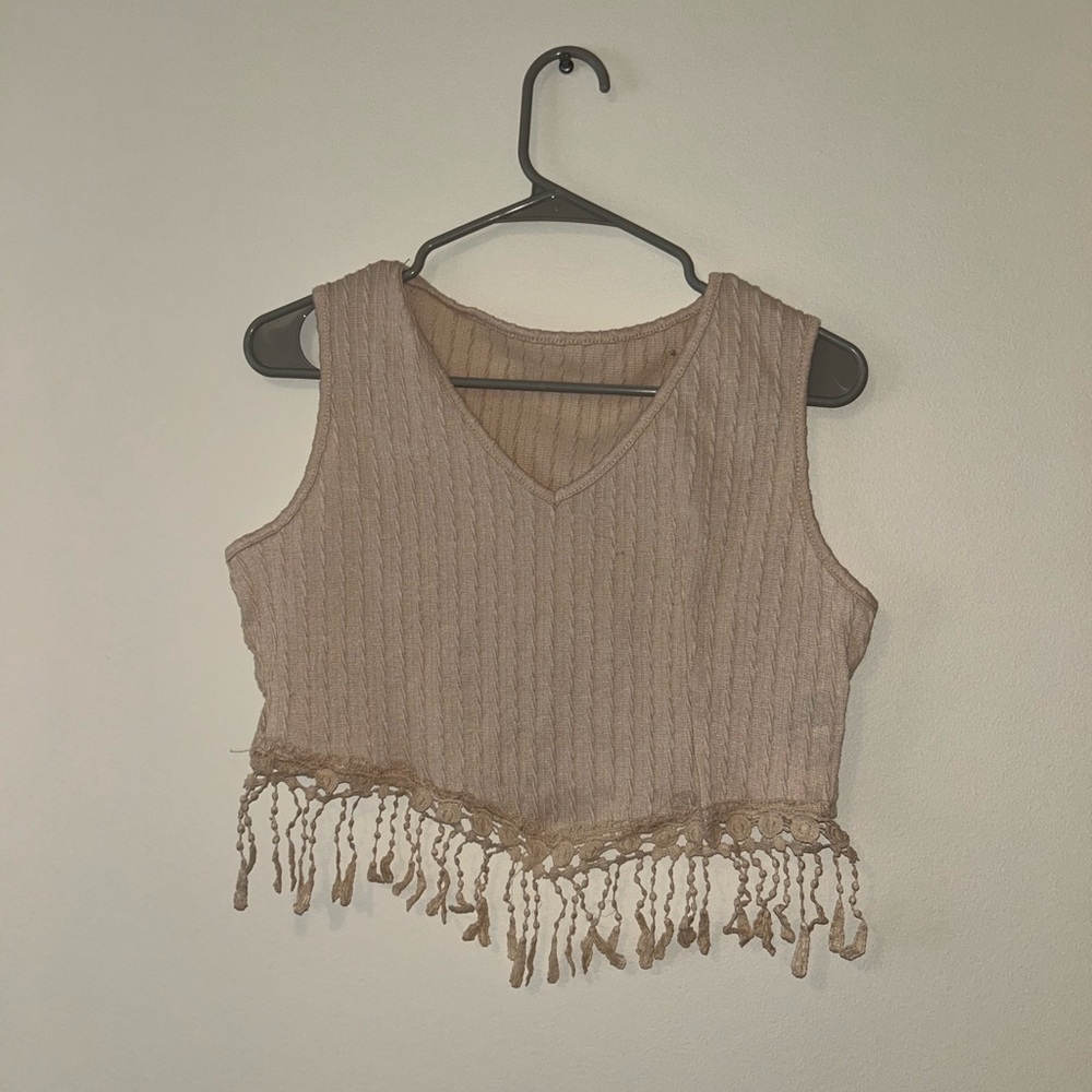 Fringed Tan Sleeveless Crop Top